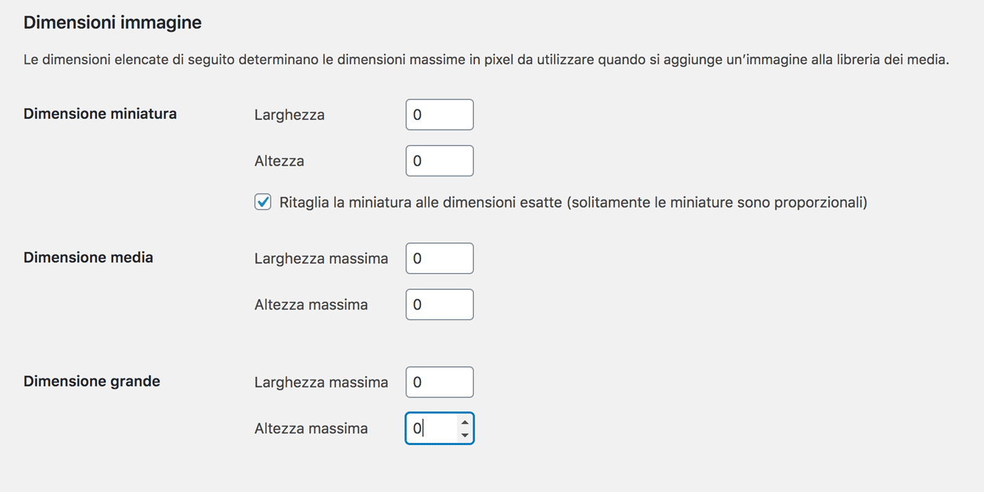 Cambia la dimensione dell'immagine nella libreria multimediale di wordpress