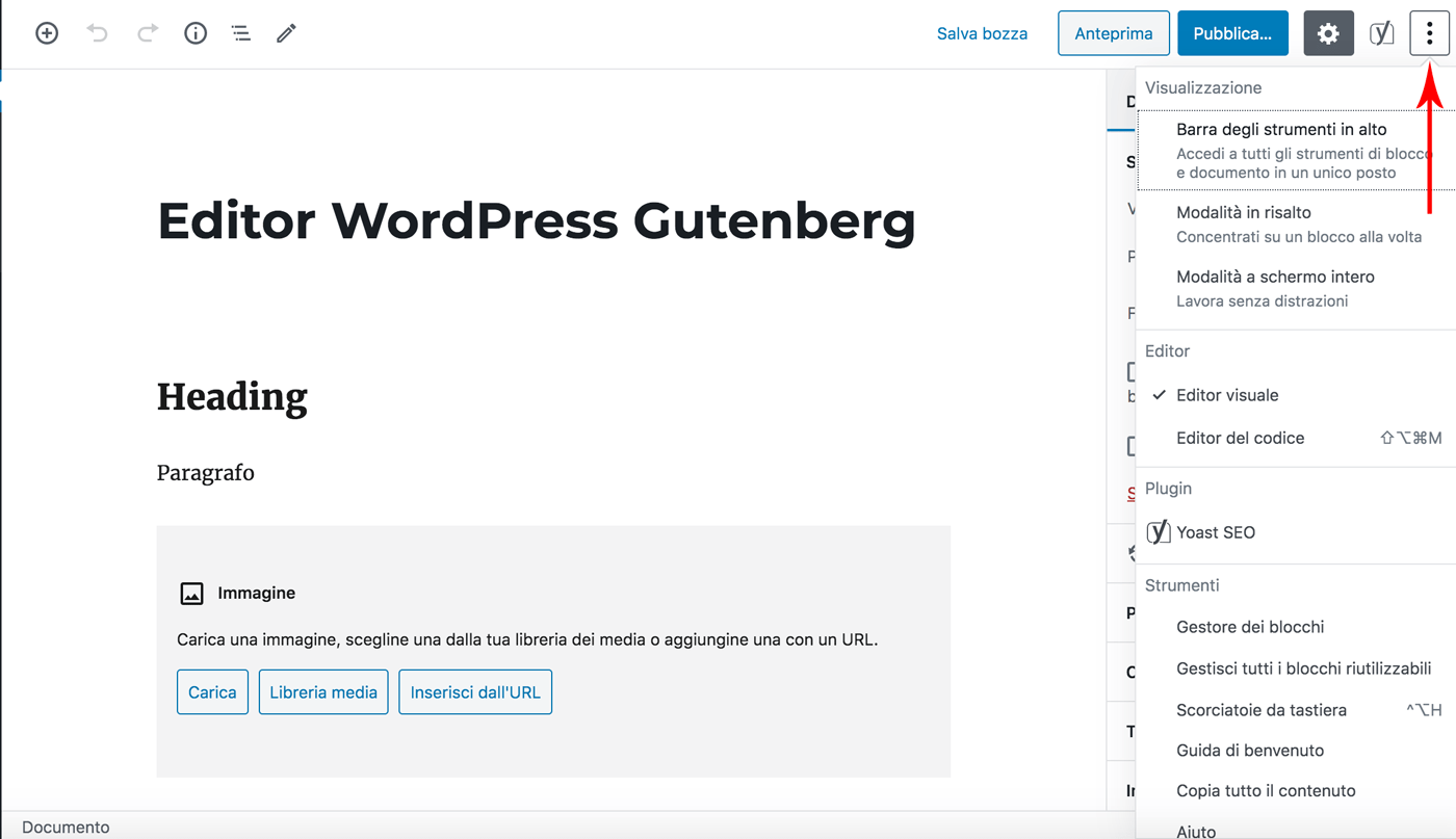 opzioni dell'editor di WordPress