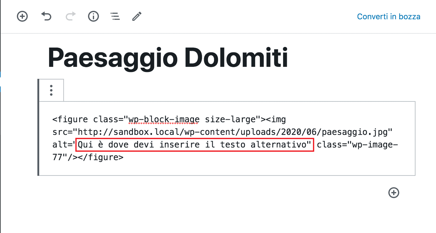 L'opzione per aggiungere il tag di testo alternativo