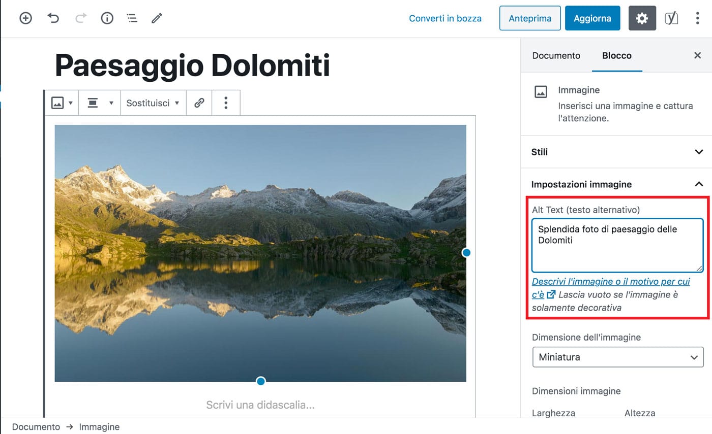 La casella di tag Alt immagine nell'editor di WordPress.