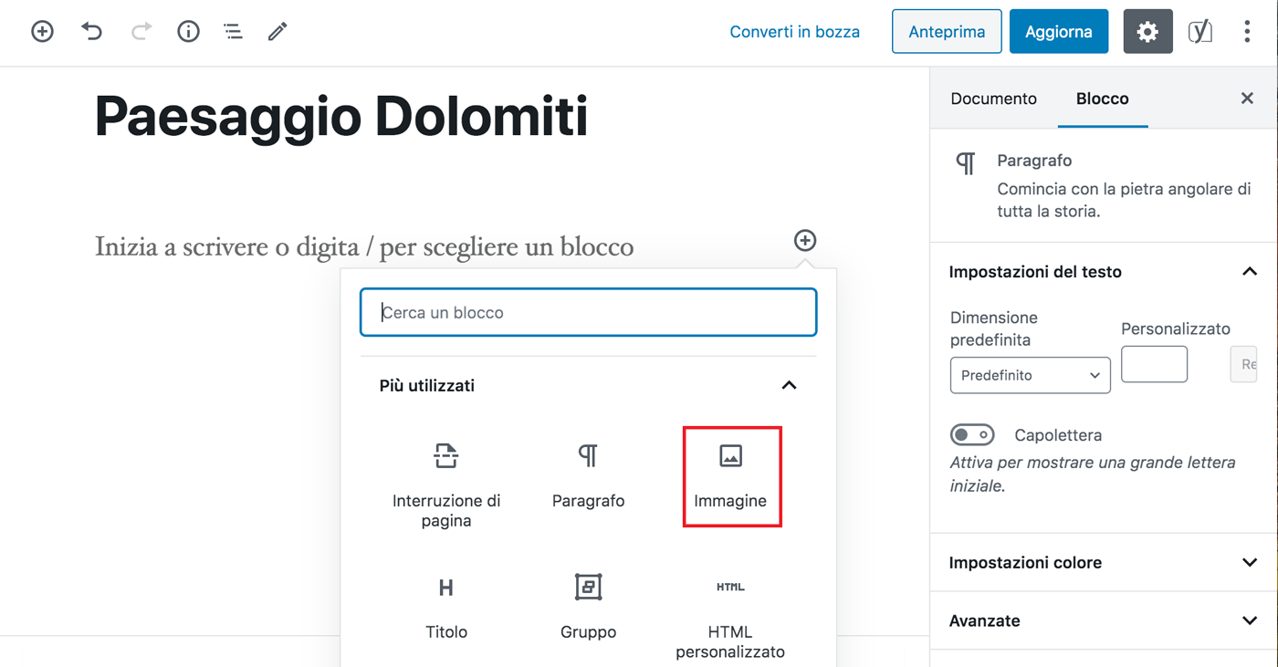 Il blocco immagine nell'editor di WordPress.