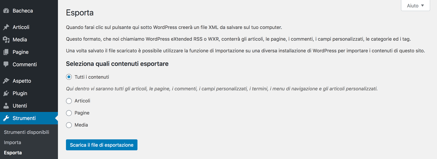 Esportazione di contenuti WordPress