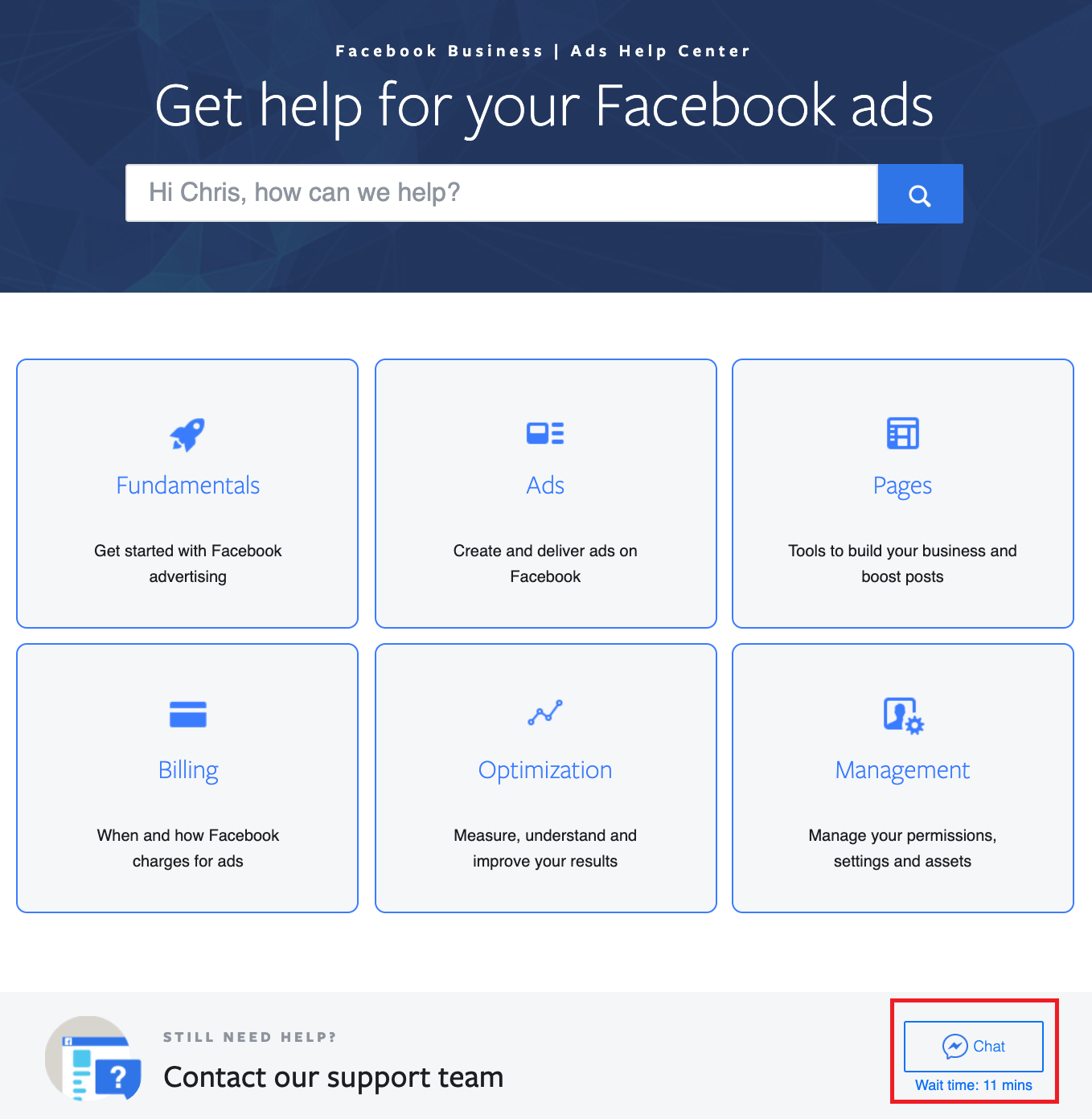 Dove dovrebbe apparire la chat live di Facebook Ads