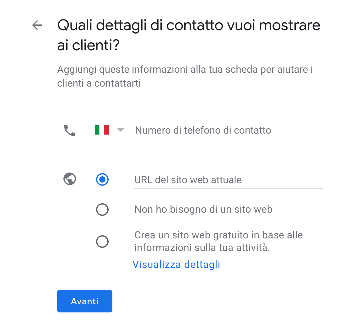 Informazioni del profilo Google My Business