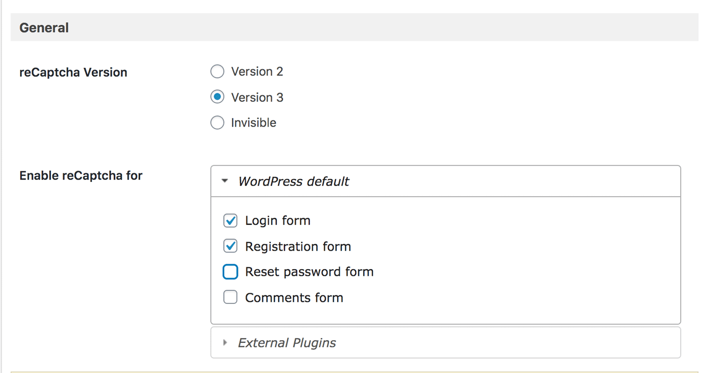 Selezione dei moduli nel plug-in reCaptcha