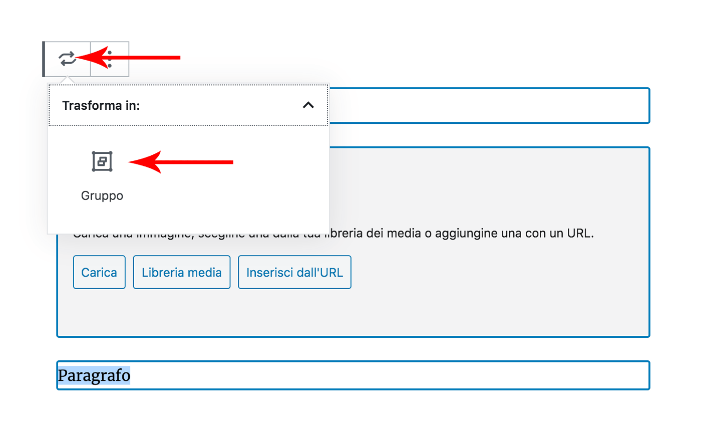 Il blocco gruppo nell'editor WordPress