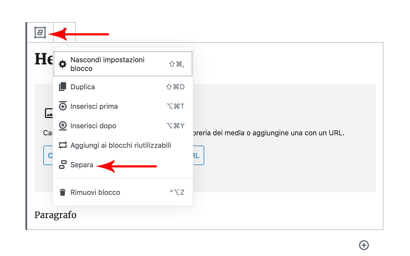 separare i blocchi dell'editor WordPress