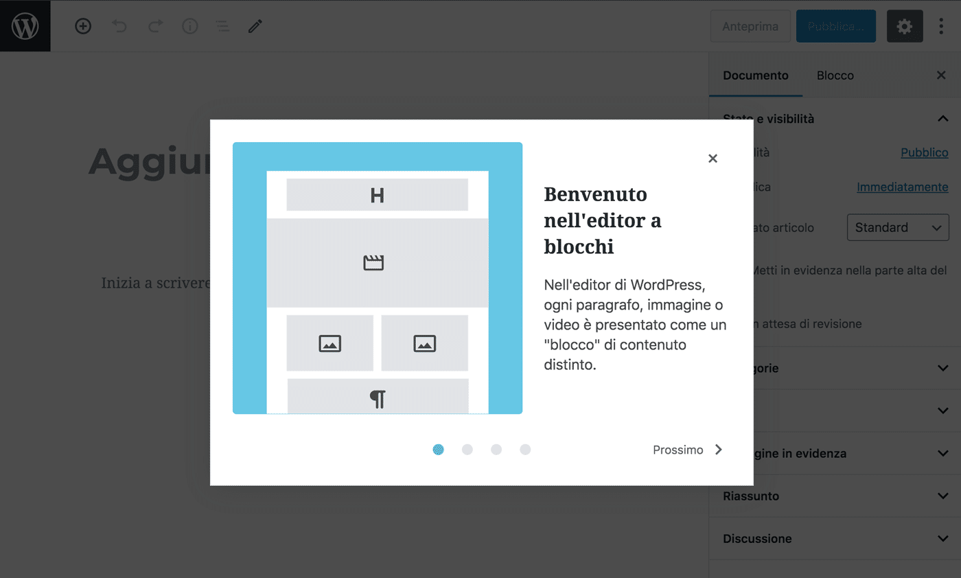 Popup di benvenuto dell'editor a blocchi di WordPress Gutenberg