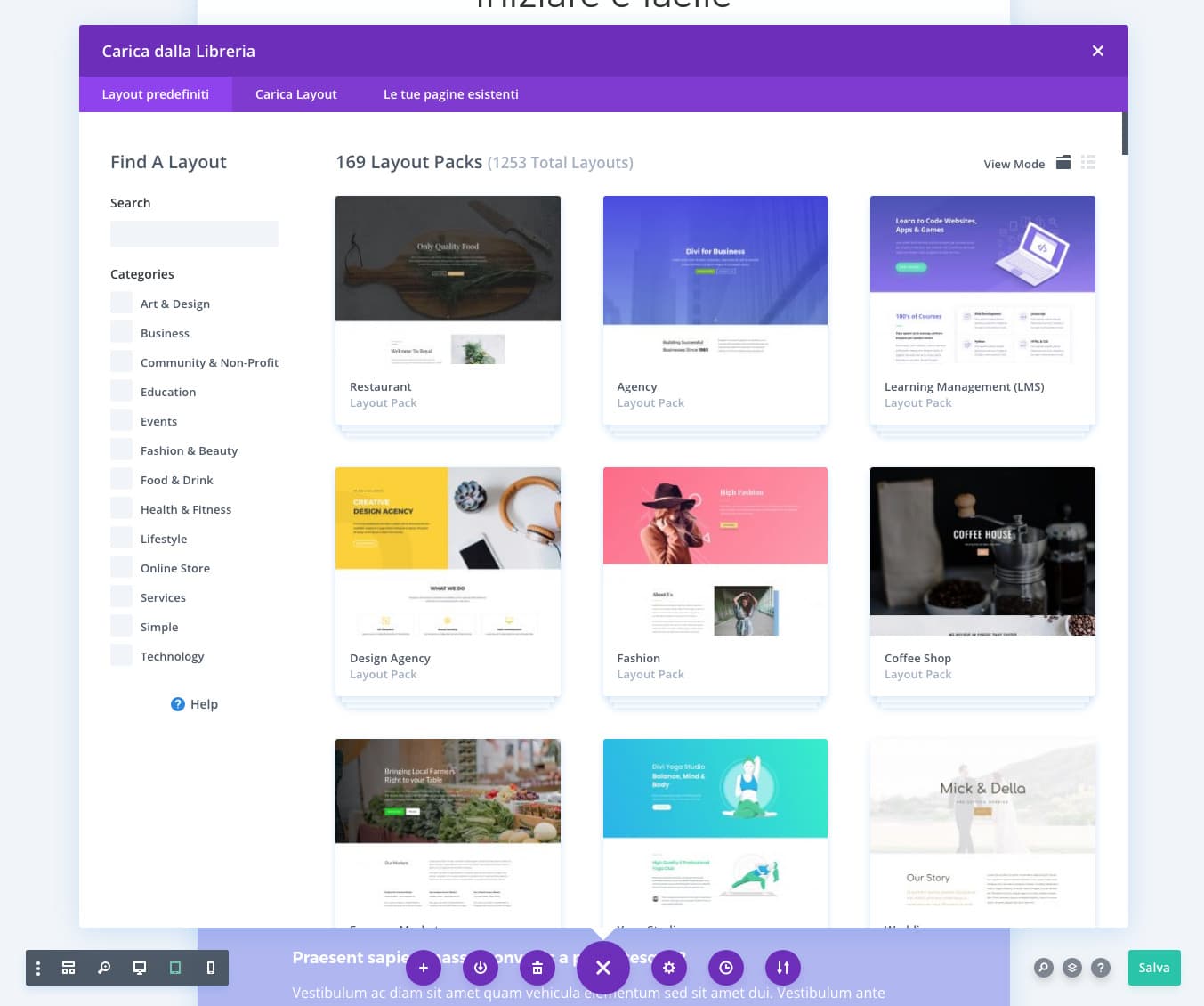 Layout Divi tra cui scegliere