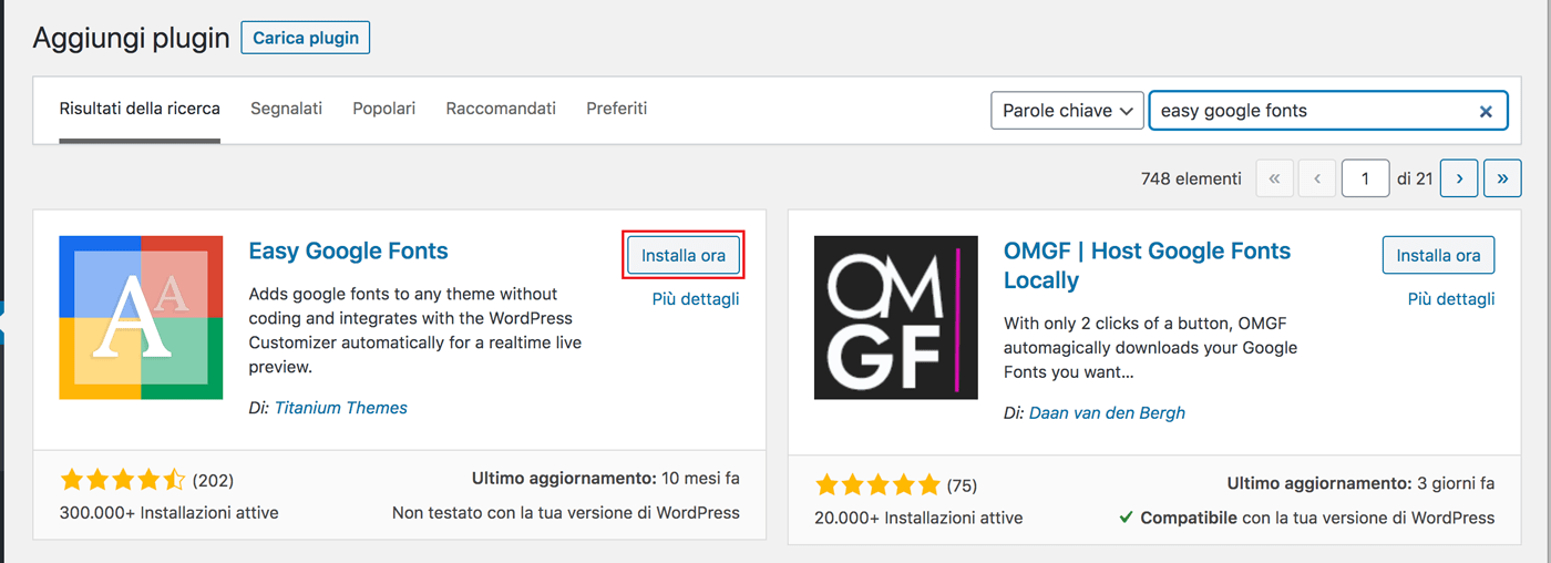 Installazione del plugin easy Google Fonts