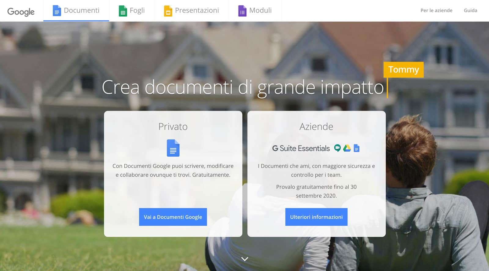 La landing page di Google Documenti che include inviti all'azione