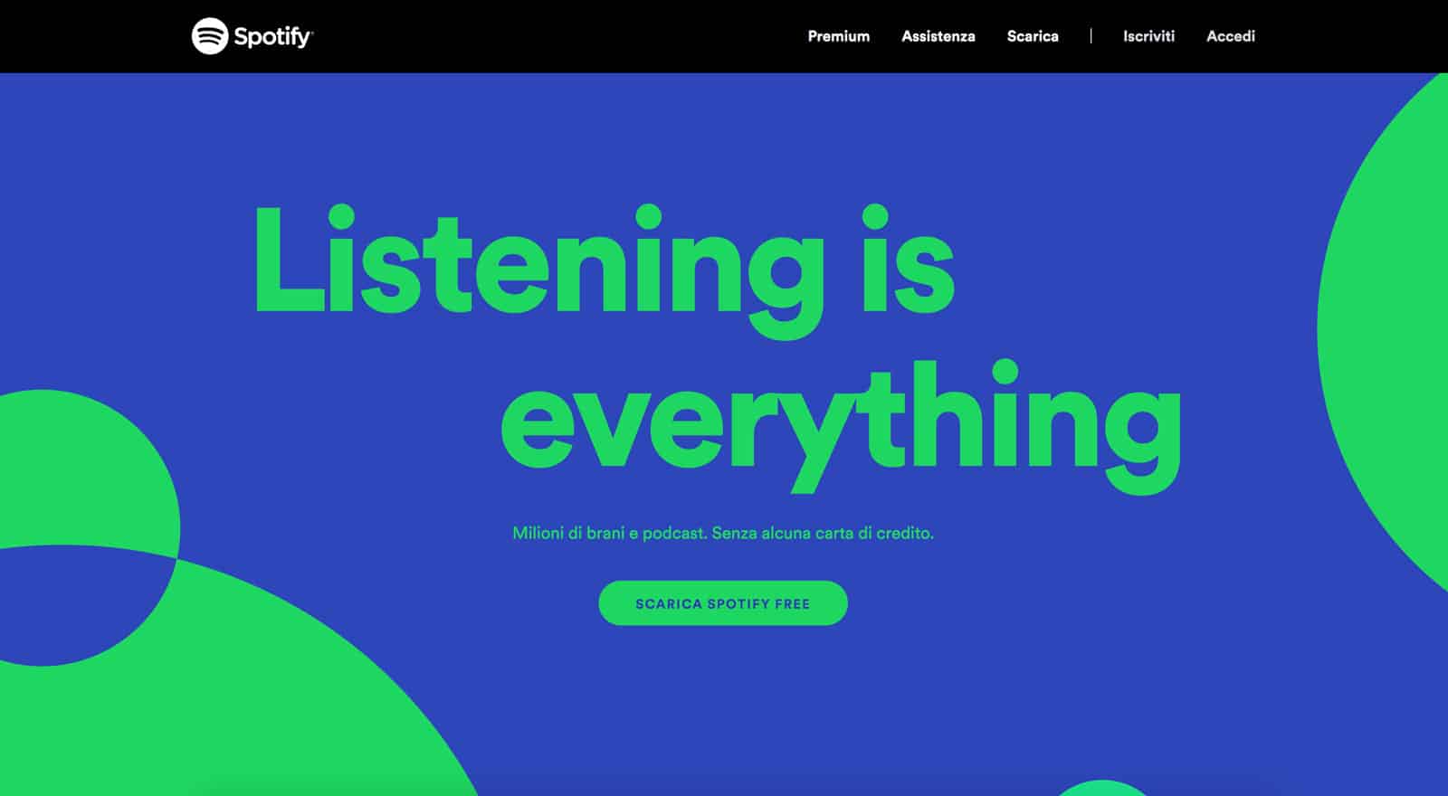 Pagina di destinazione di Spotify e invito all'azione