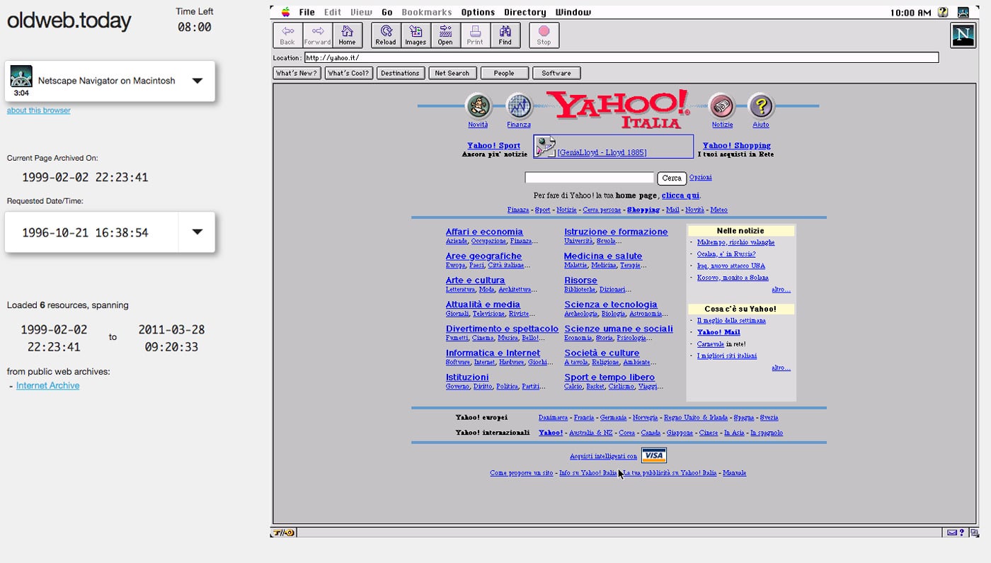 Il sito web Yahoo visualizzato su oldweb.today