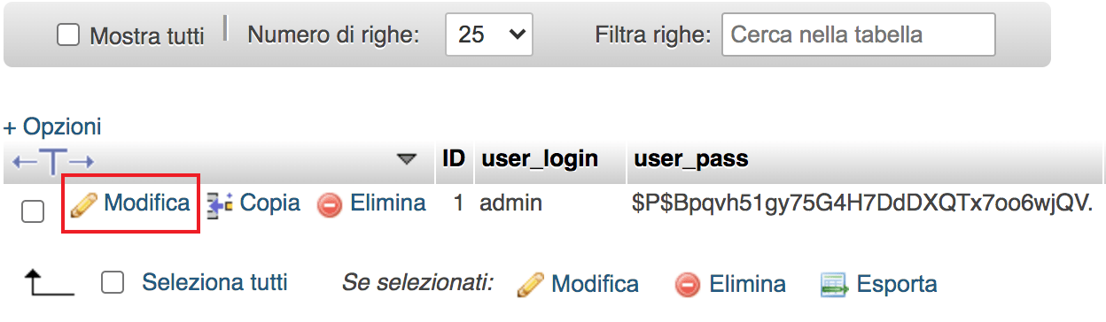 Modifica utente in phpMyAdmin