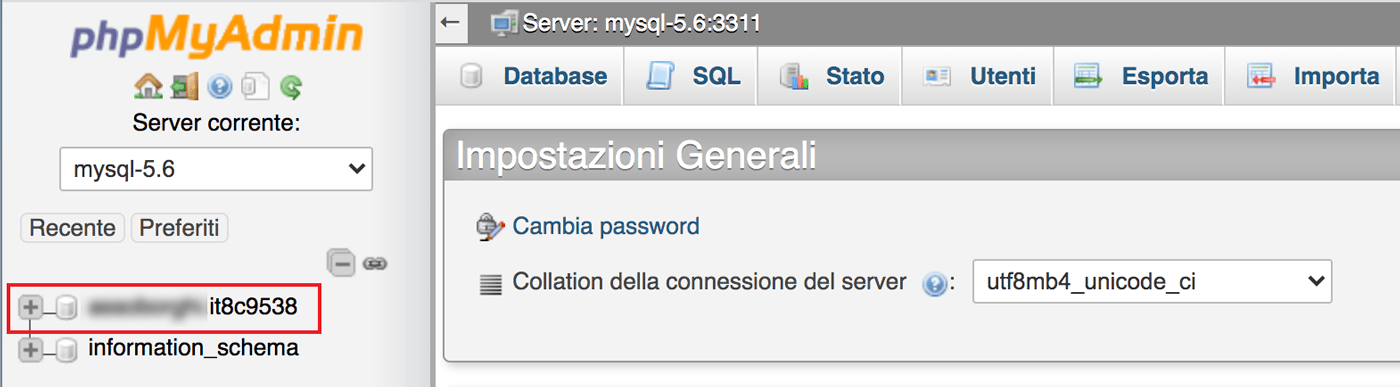 Seleziona il tuo database WordPress