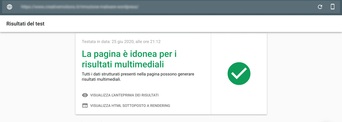 risultato dello strumento di test dei risultati multimediali di Google