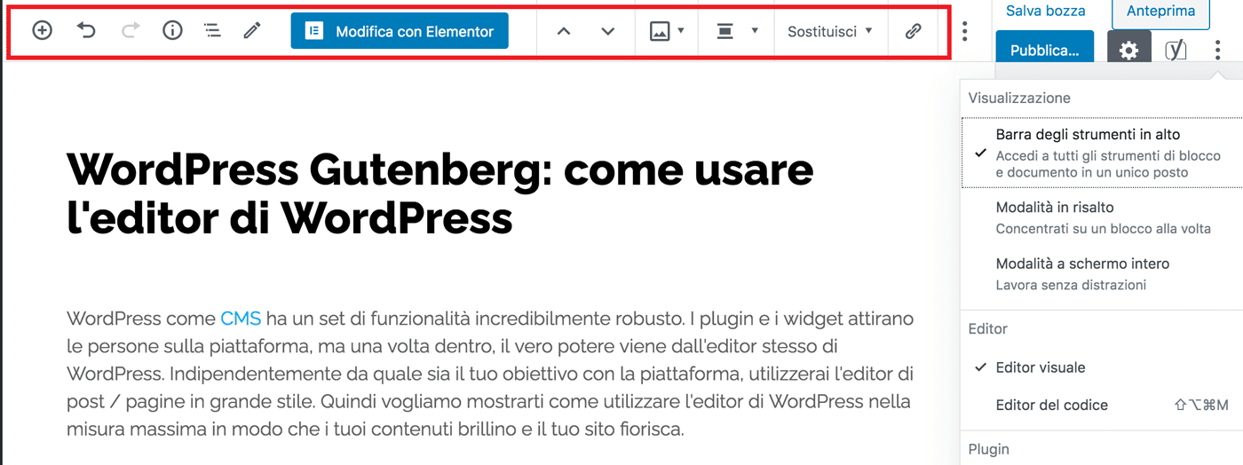 barra degli strumenti in alto in gutenberg