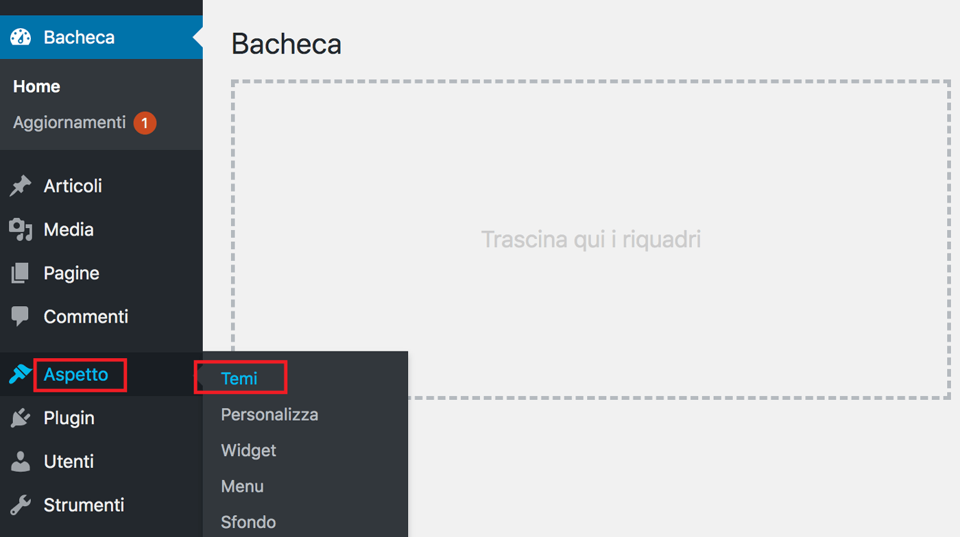 menu aspetto Temi di WordPress