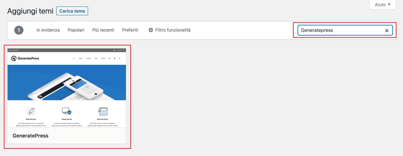 ricerca del tema GeneratePress