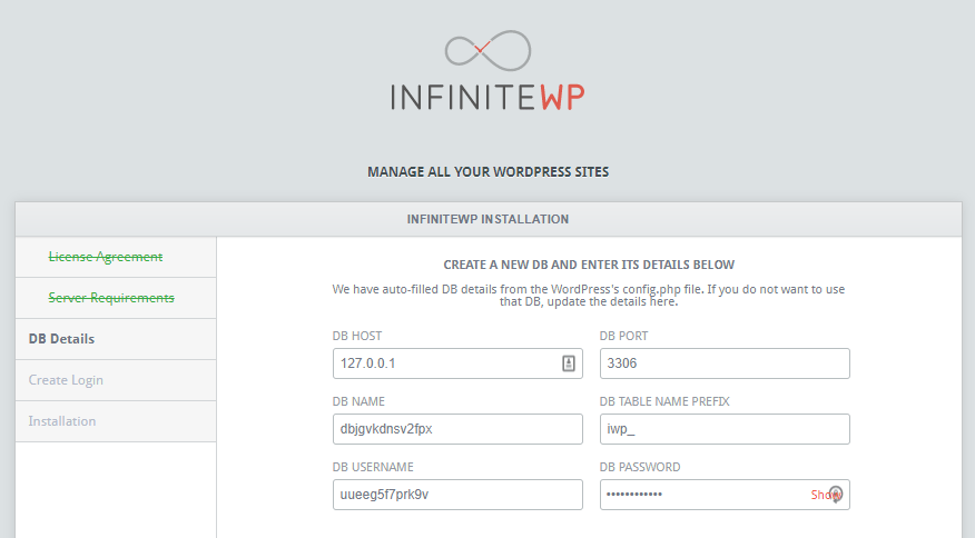 Creazione di un nuovo database per InfiniteWP