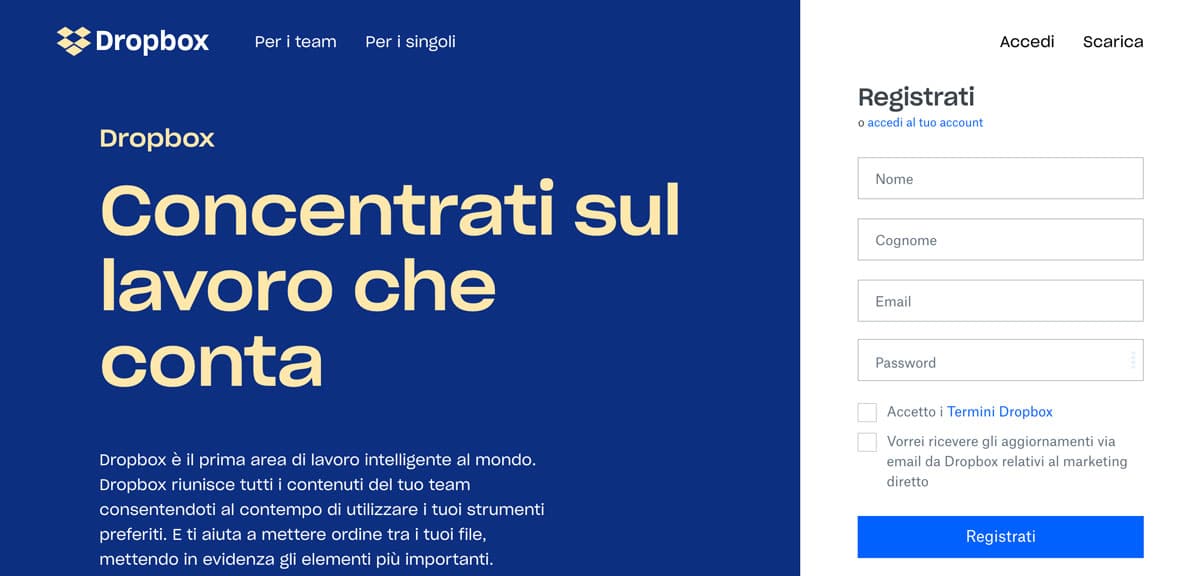 CTA Dropnbox con modulo di iscrizione