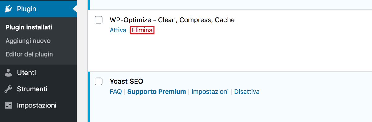 Il link per eliminare un plugin WordPress