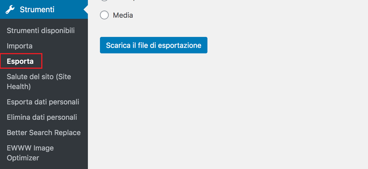 L'opzione per esportare contenuti nella dashboard di amministrazione di WordPress