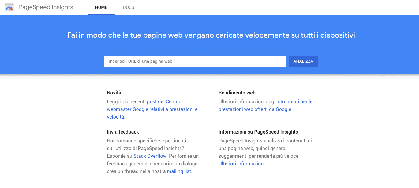 Uno screenshot che mostra lo strumento PageSpeed