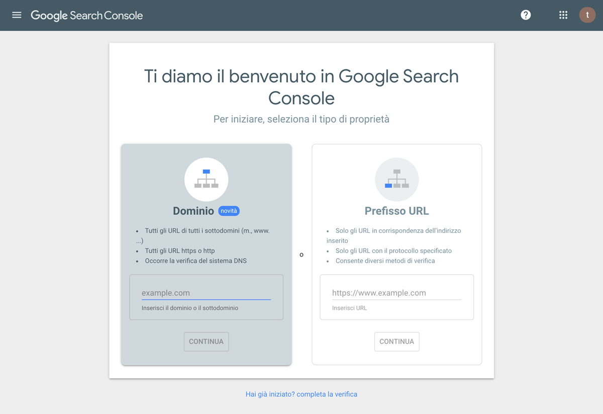 Aggiungi una proprietà su Google Search Console