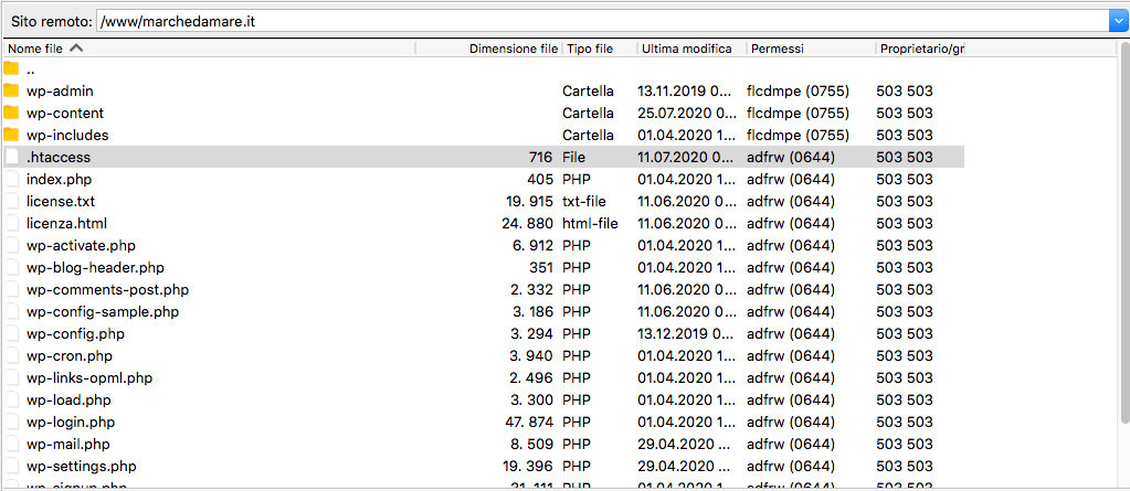 Il file .htaccess visualizzato in FileZilla.