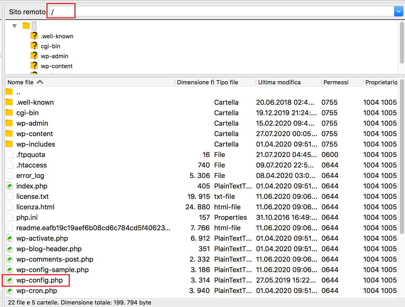 il file wp-config.php in ftp