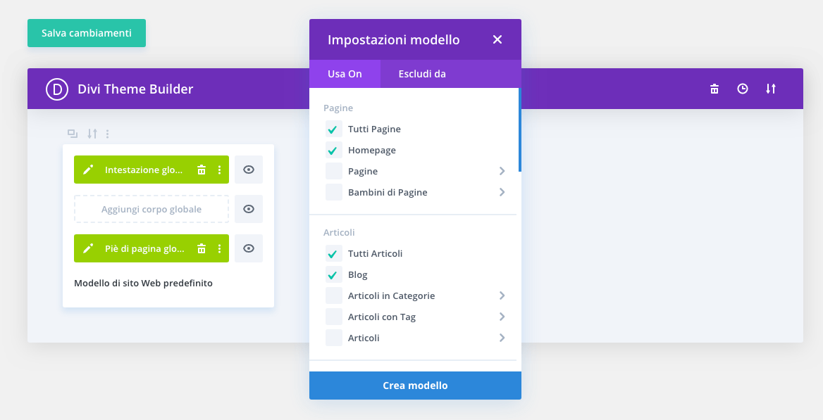 Impostazioni modello Divi Theme Builder
