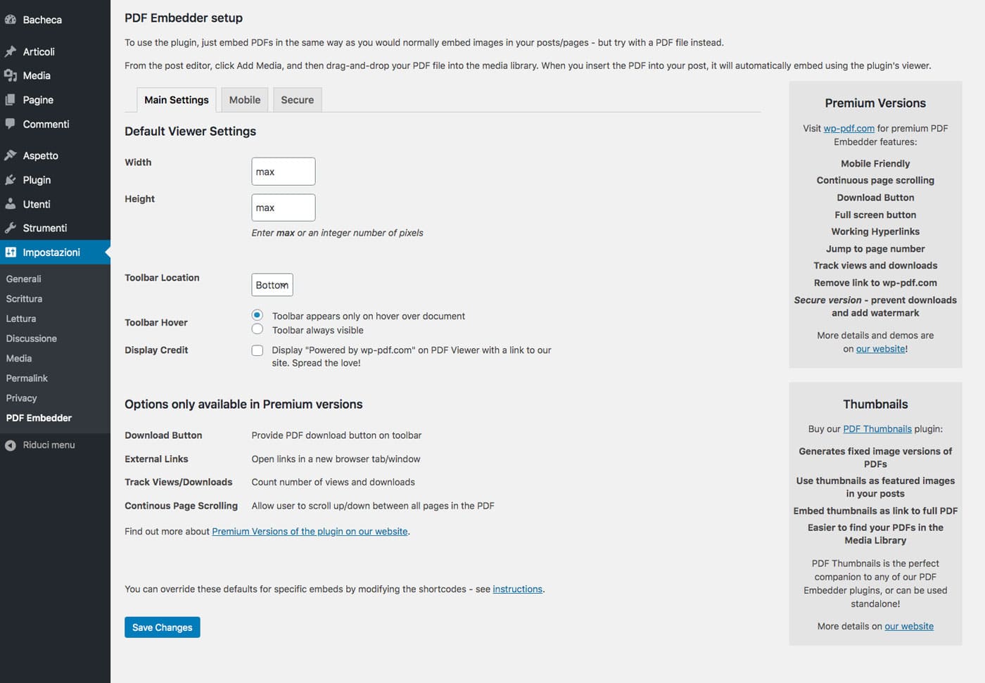 Le impostazioni del plugin pdf embedder