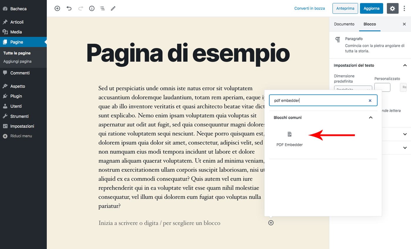 incorporare file pdf su  WordPress usando un plugin