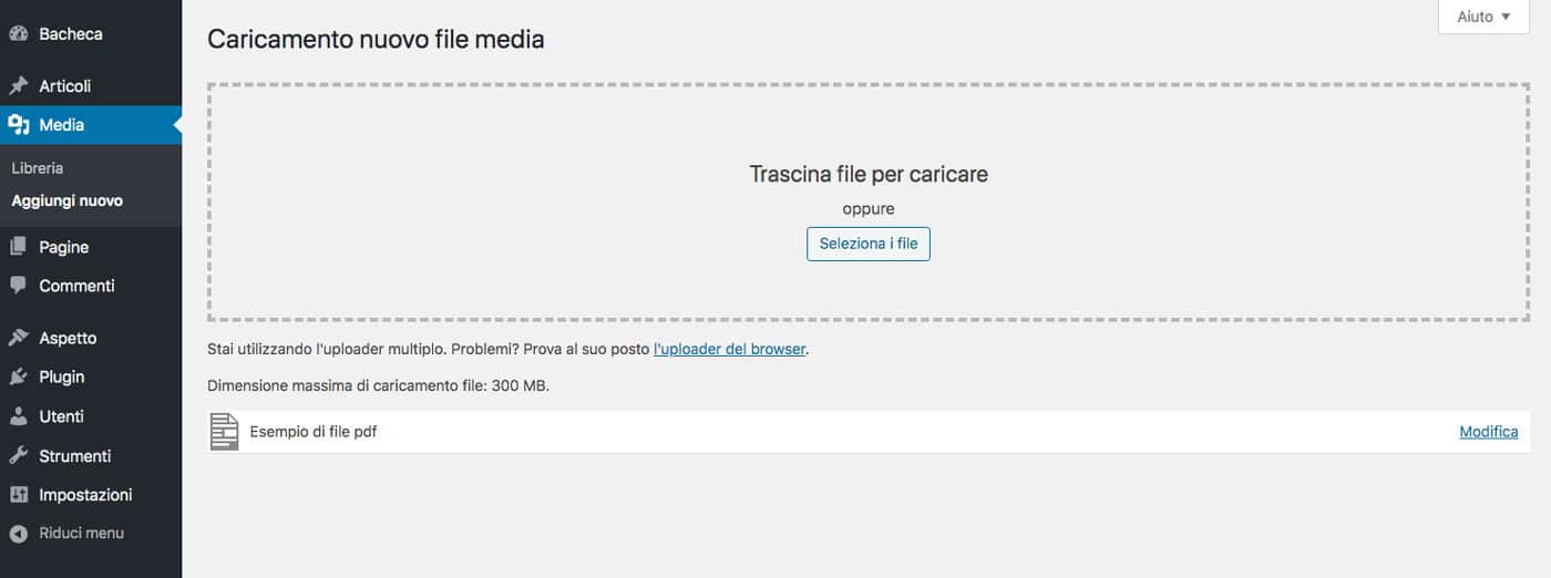 carica il pdf in wordpress