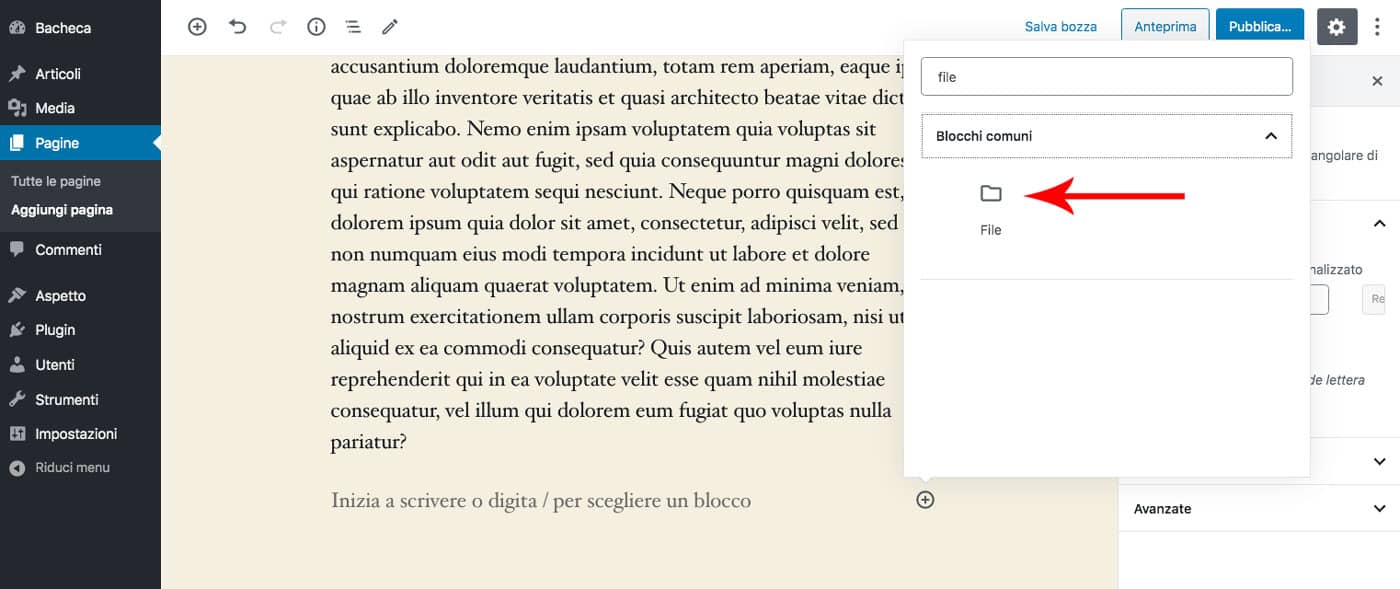 incorpora pdf in gutenberg