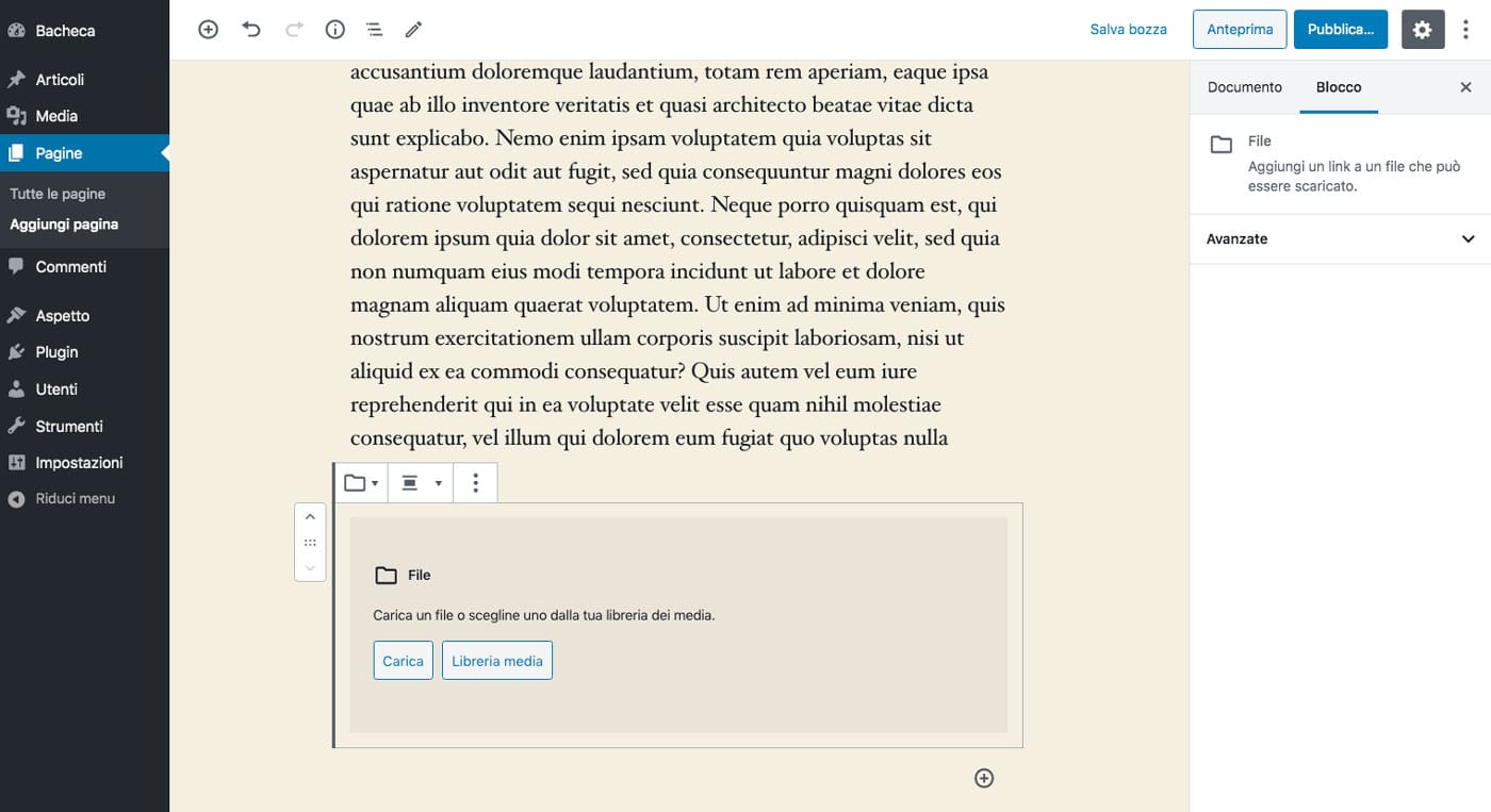 incorpora un file pdf dall'editor di WordPress