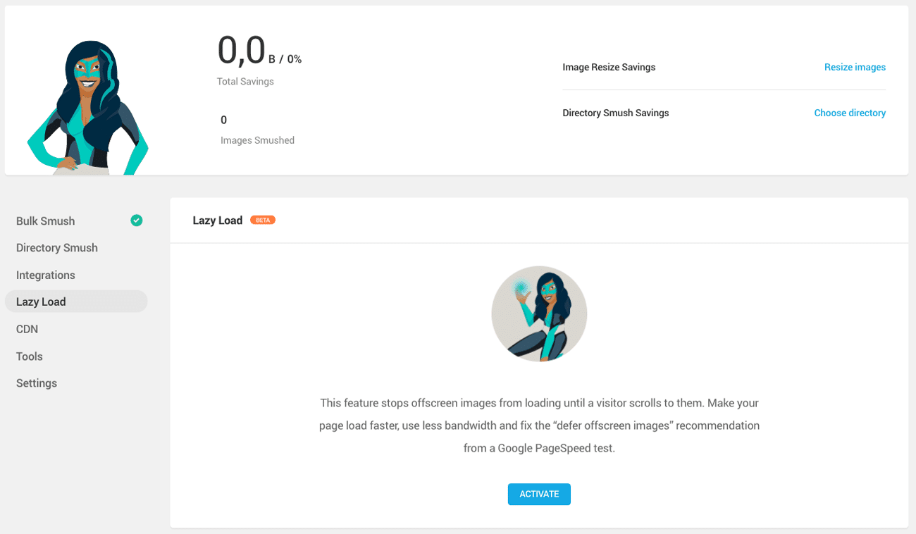 La funzionalità di lazy load del plugin WP Smush WordPress dalle impostazioni della dashboard.