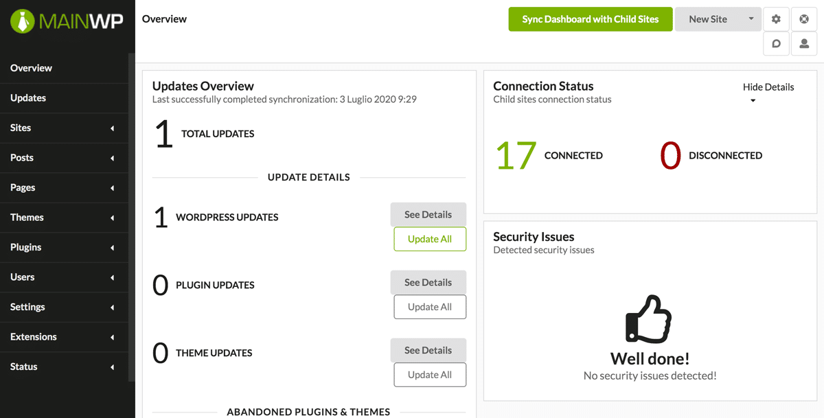 La dashboard di MainWP