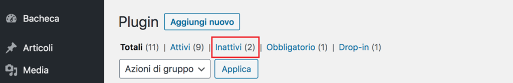 La pagina Plugin Inattivi nella dashboard di WordPress