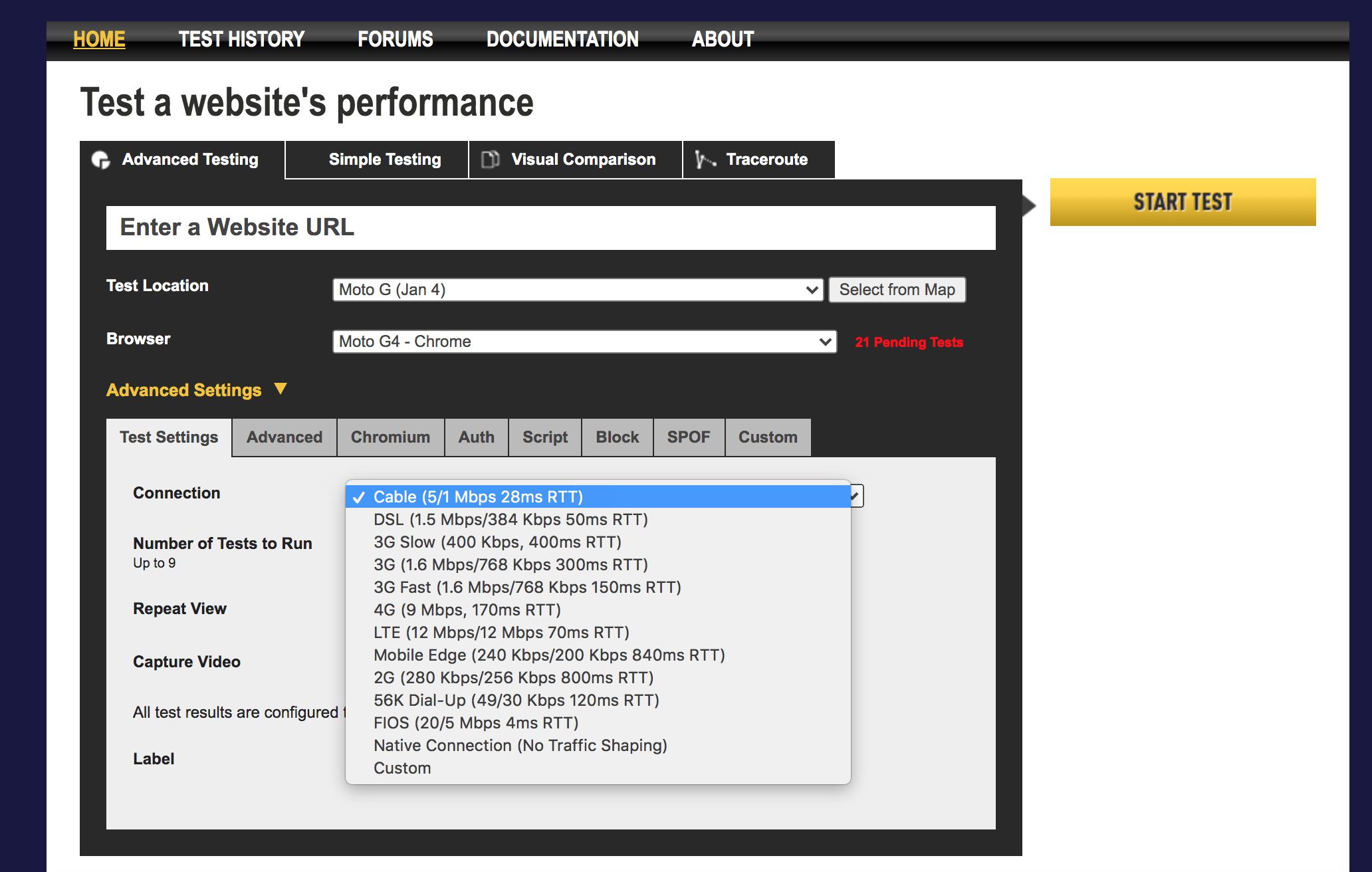 Velocità di connessione WebPageTest