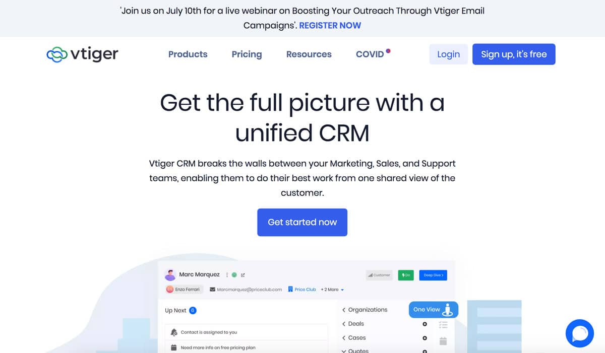 Miglior CRM gratuito e open source: vtiger