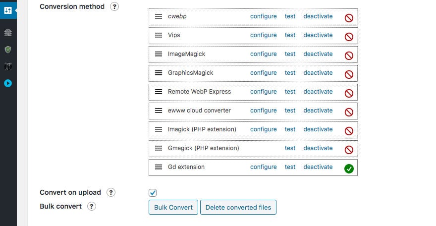 I metodi di conversione supportati da WebP express