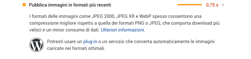 Che dice PageSpeed ​​Insights sulle immagini WebP