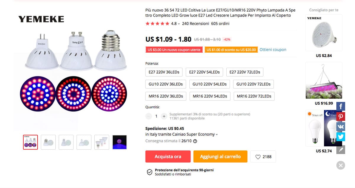 Lampada Phyto LED su Aliexpress