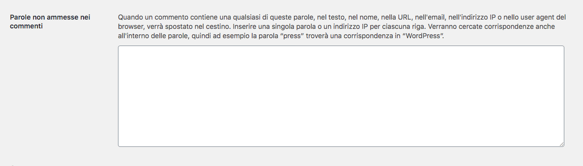 come modificare la sezione della blacklist dei commenti di WordPress
