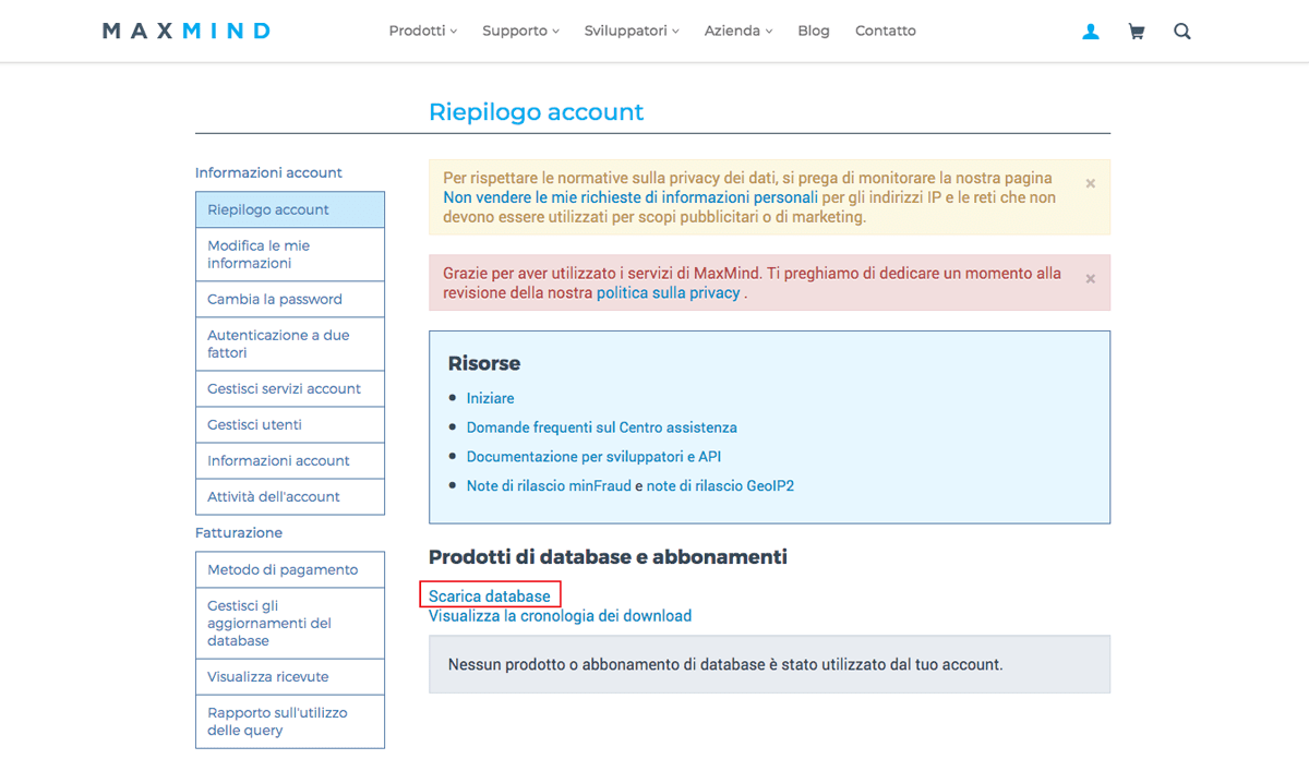 Scaricare il database GeoLite2 