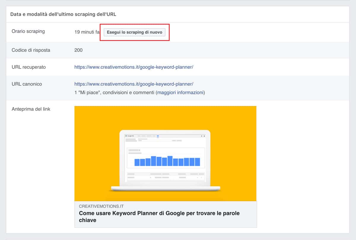 Il pulsante Esegui lo scraping di nuovo su Facebook Debugger