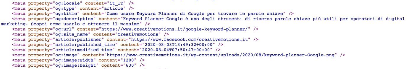 Un esempio di meta tag Open Graph