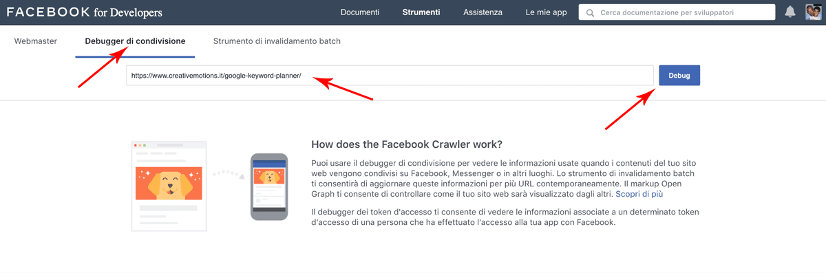Utilizzare lo strumento Facebook Debugger